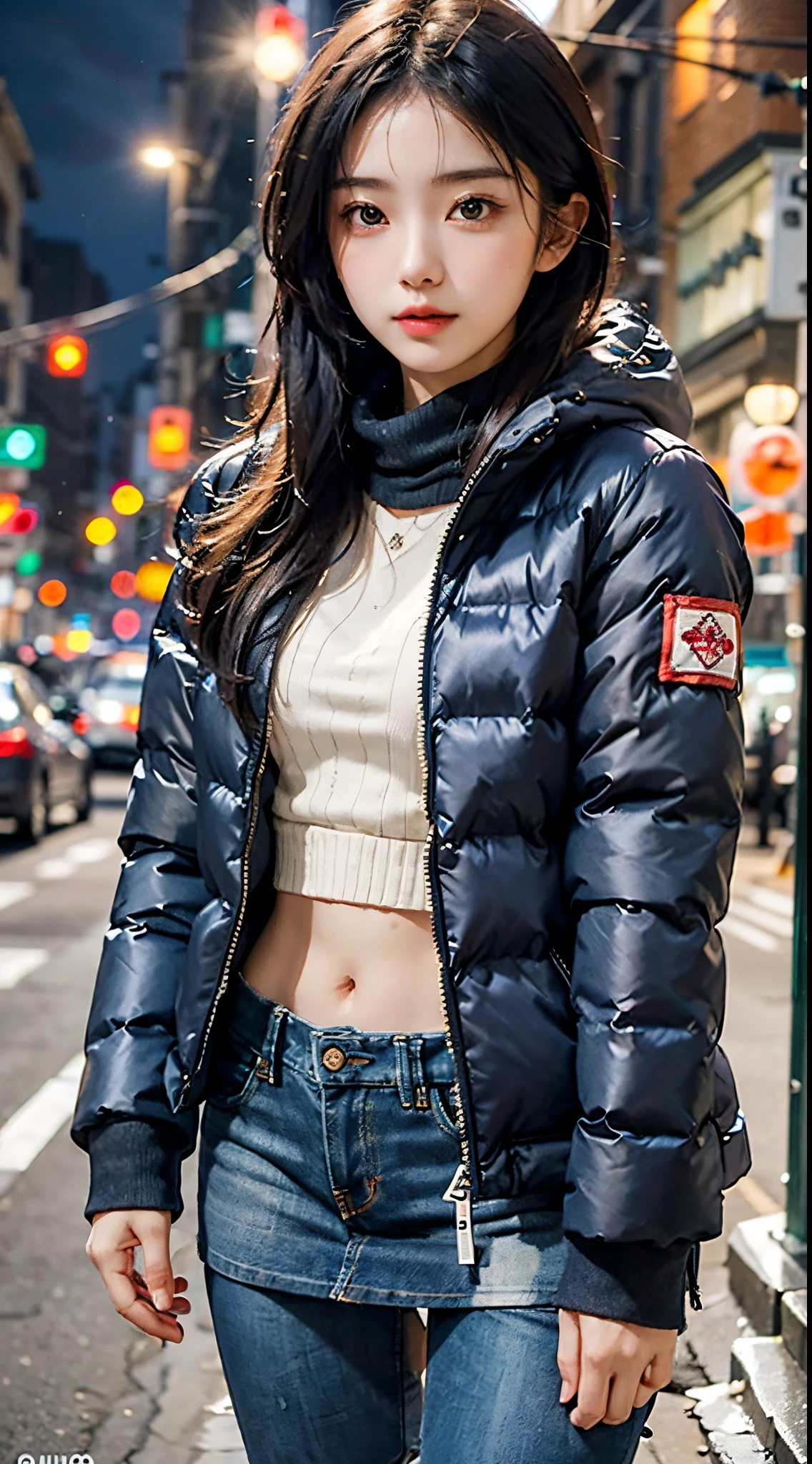 Japan Girl,beautiful girlfriend,a beauty,Raw foto,8K,Urban lighting,((Down jacket, muffler and jeans miniskirt)),Smooth long hair,A dark-haired,A detailed face,Detailed skin,Detailed eyes,(Slim body:1.3),petite girl in,About 23 years old,winter night downtown