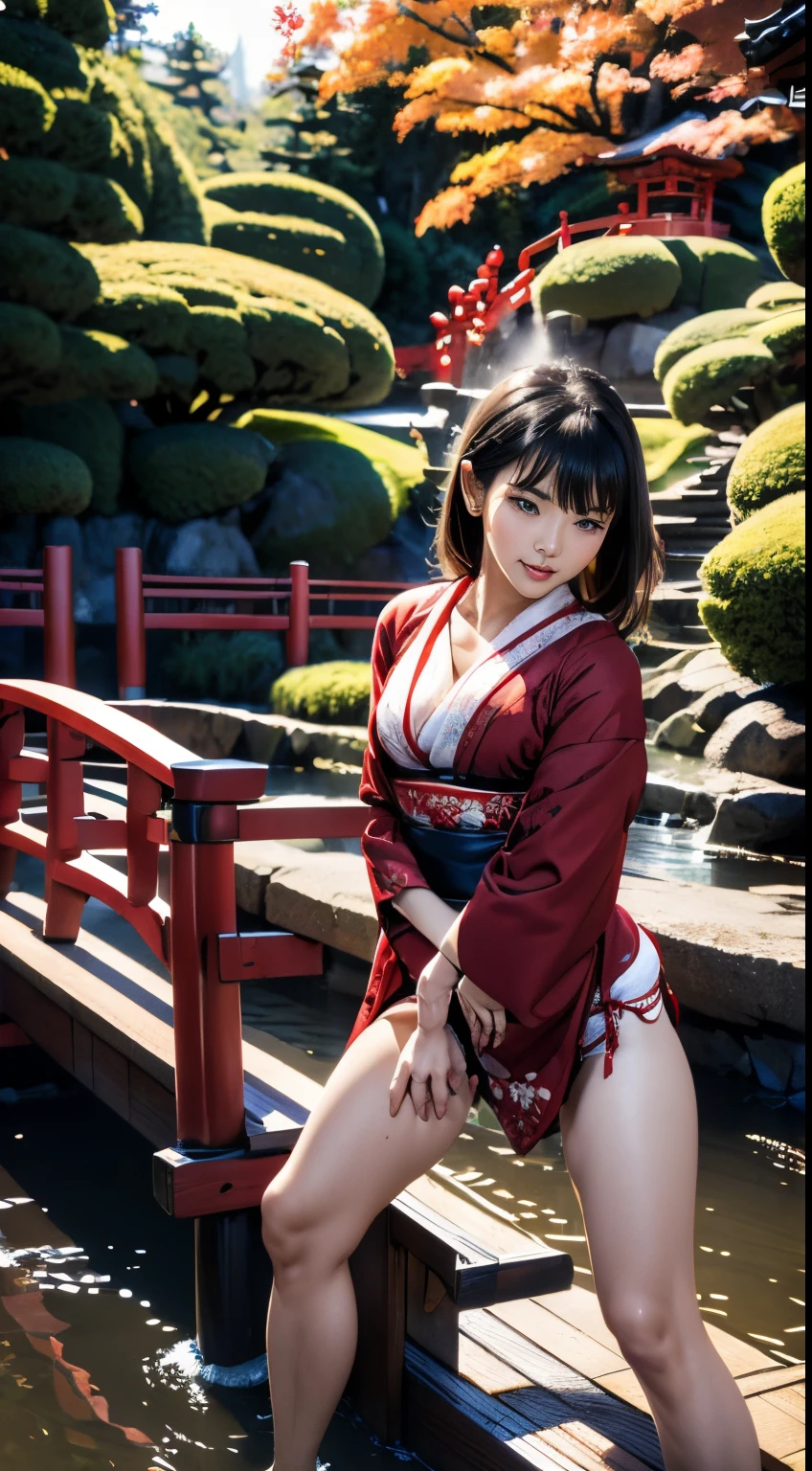 Japanese kimono, open legs, (pushing crotch on the small red bridge railing), in the Japanese garden, (masturbate), (orgasm face), panties,