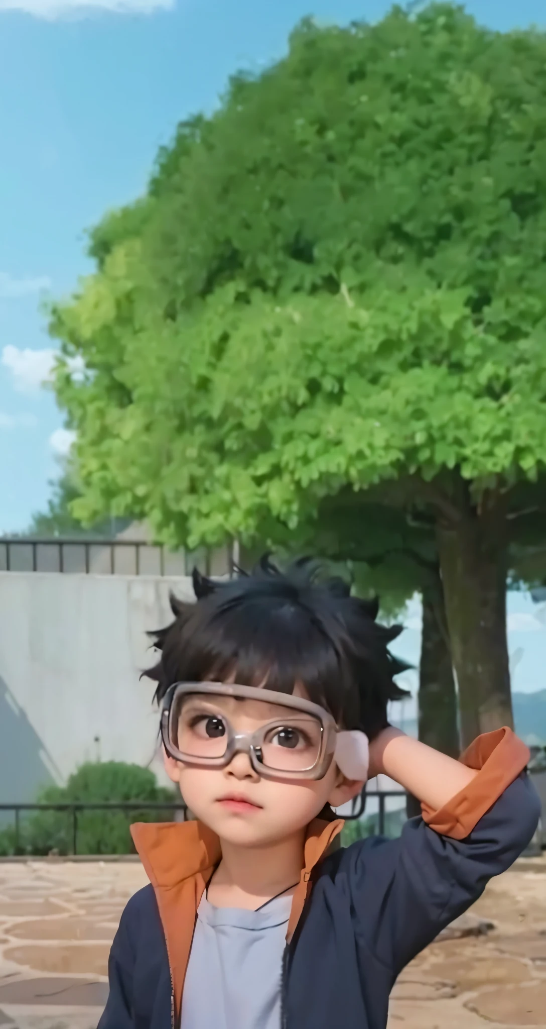 Real life adaption of this character ,The handsome face of a boy, realistic same very Messy hair , (realistic same outfit), realistic background , realistic light, realistic shadow, realism, hyper realistic,(photorealistic:1.2),wear same exactly big glasses