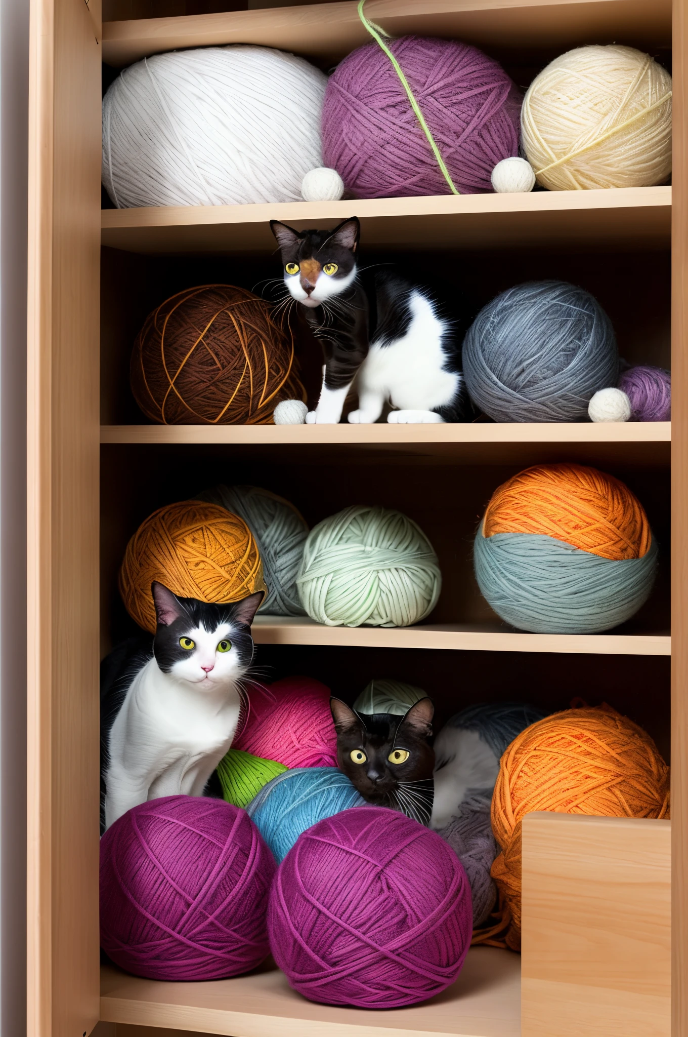 There is a cat in the open cabinet,It's packed with balls of yarn