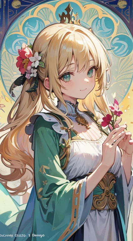 She is a female figure in Thai literature, a woman wearing a Thai dress, a cartoon image, beautiful, cute, sweet, holding a garland.