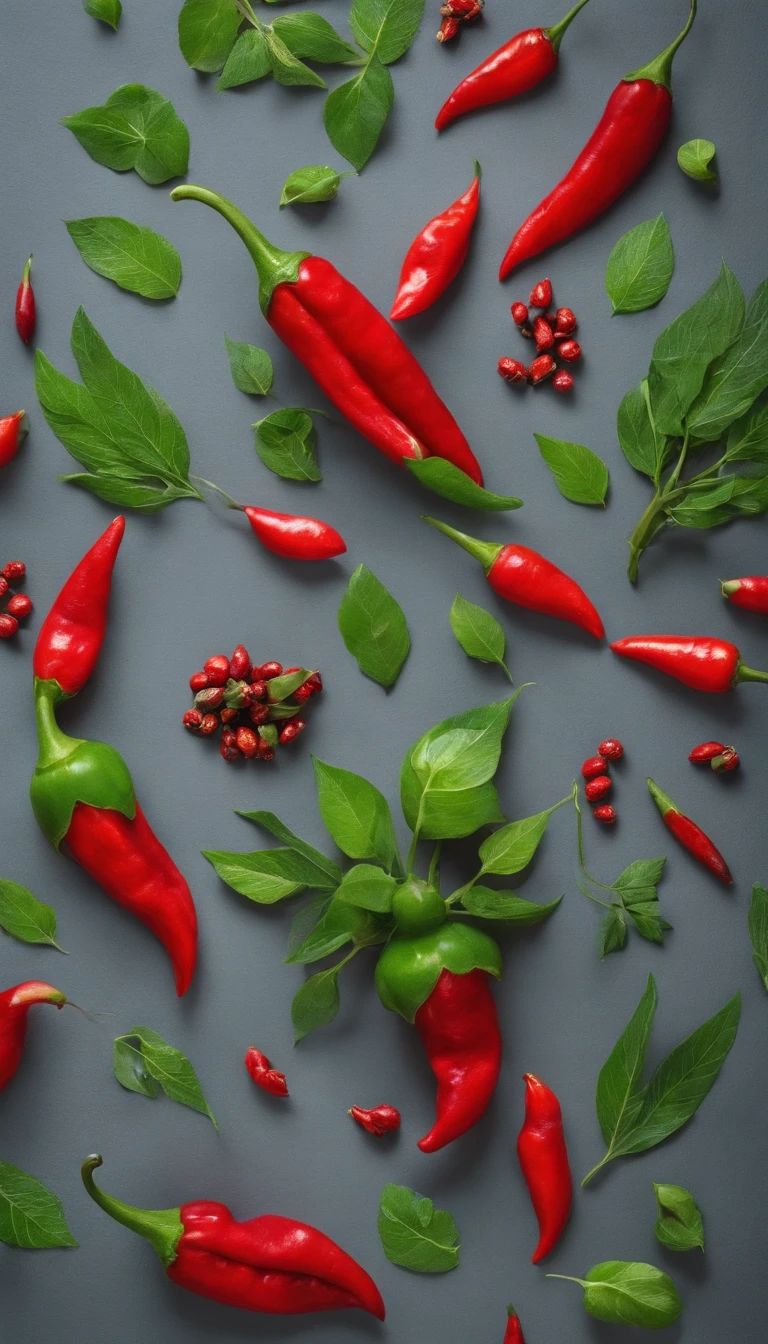 Chili pepper chopped、pepper、Green peppercorns、Arranged in the shape of flowers、Shot from a bird's eye view