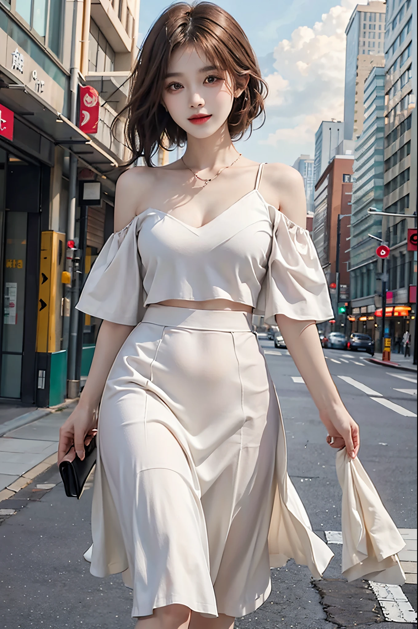 (Woman walking the streets of New York),realistic, High resolution, soft light,1 female, alone,(off shoulder white dress,flare skirt) hip up, (detailed face), jewelry, street wear, Eyes that invite the viewer, Spouse&#39;perspective, attractive appearance, sexy smile, perfect style, perfect balance, fine skin, naughty look, I can see your breasts