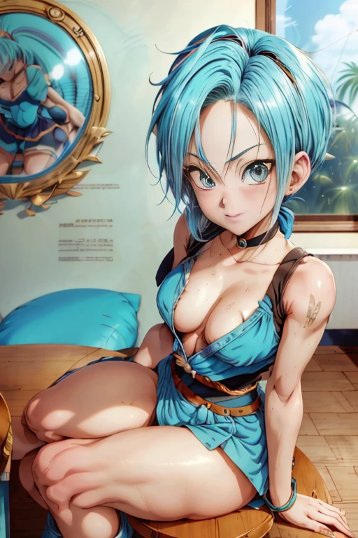 a close up of a person with blue hair sitting at a table, bulma from dragon ball, saiyan girl, short blue haired woman, anime girl named lucy, anime style”, fubuki, female goku, girl with blue hair, toriyama akira, seductive anime girl, furr covering her chest, by Akira Toriyama, 90s anime style