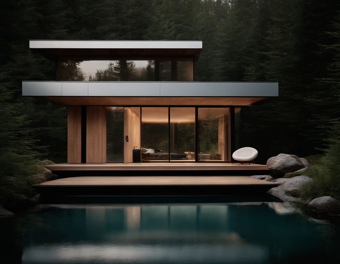 Exterior image of a tiny house duplex house in a Scandinavian nature, standing wood panel, avantgarde, waterfall, panorama glass windows, forests, waterfall inside atrium, rocks, futuristic, avantgarde, floating, modern, natural pond of water, inspired by architect Zaha Hadid, Frank Lloyd Wright