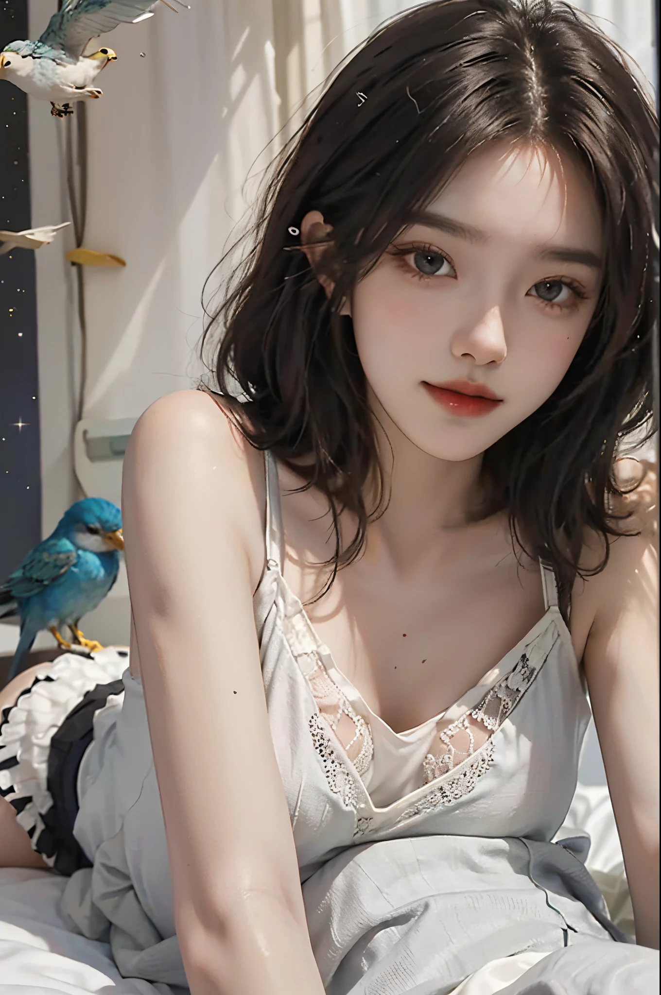 20-year-old sexy model, mix4, Black camisole, White pleated skirt, cropped shoulders, Chest leakage, A plump chest, slender leg, Lie down in bed, best qualtiy, 超高分辨率, lighting perfect, ssmile, ((Satellite view, Bird's eye view))