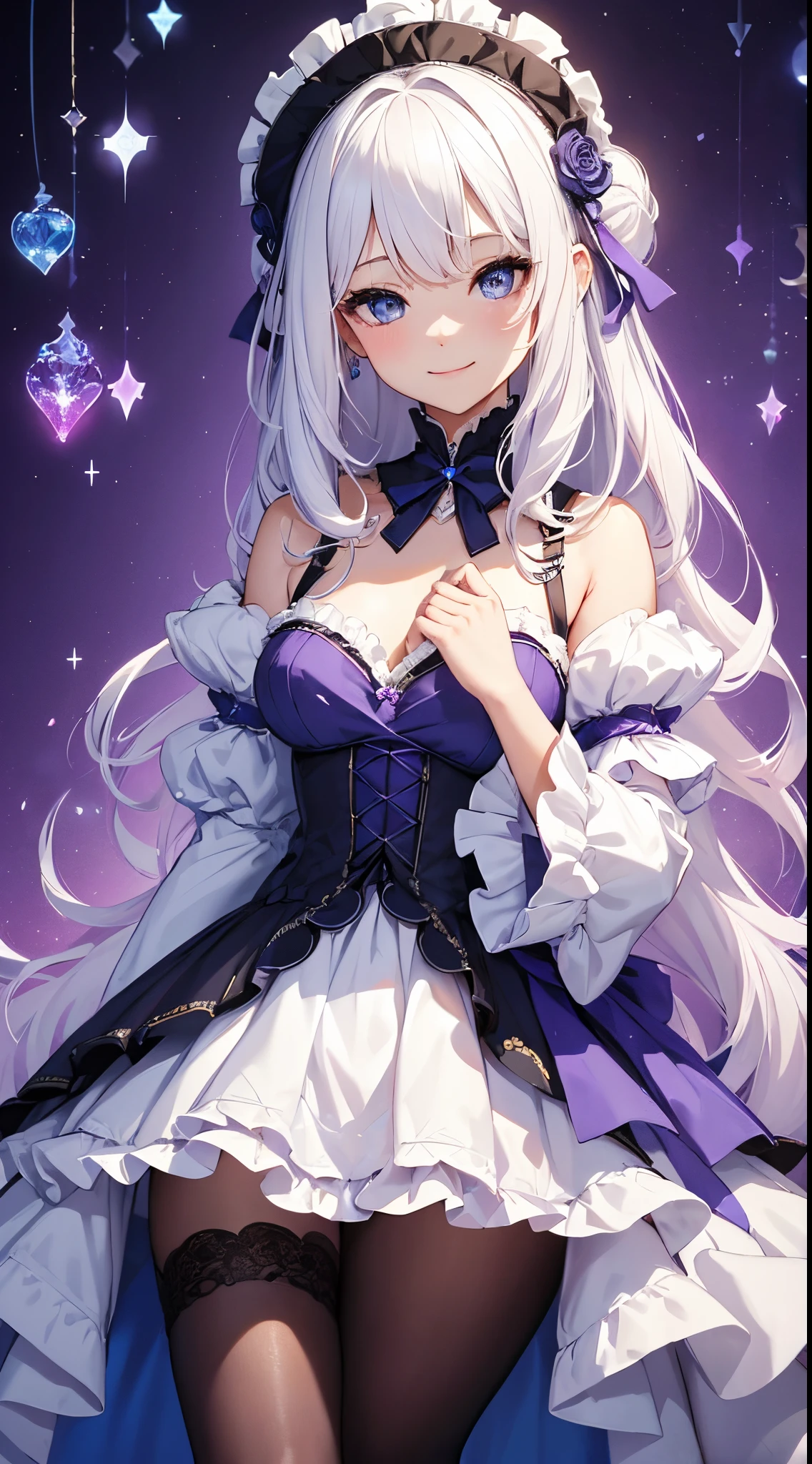 (masterpiece、top-quality、top-quality、Official art、Beautifully Aesthetic:1.2)、(1womanl)、(There is a little space at the top)、ighly detailed、(Fractal Art:1.4)、highestdetailed、long wavy white hair、White hair、Blue eyes、rounded drooping eyes、hand hidden in skirt、very small chest 、Flat, flat and weak chest、No cleavage、Mature beautiful woman、The background is a bright purple wallpaper with a pattern based on blue............、I designed a glowing heart.......、ta fashion based on black, with white、Ruffled headdress、Cute smile、Outstanding smile