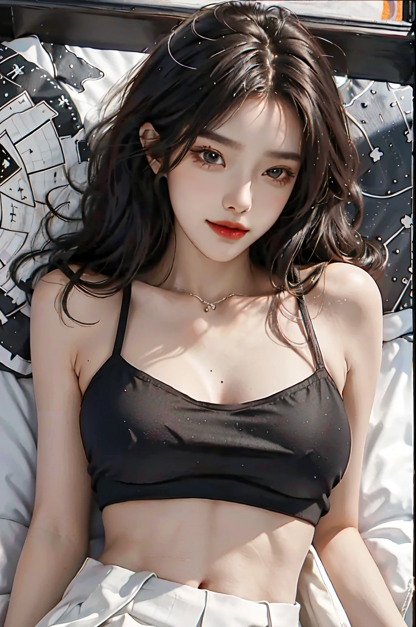 20-year-old sexy model, mix4, Black camisole, White pleated skirt, cropped shoulders, Chest leakage, A plump chest, slender leg, Lie down in bed, best qualtiy, 超高分辨率, lighting perfect, ssmile, ((Satellite view, Bird's eye view))
