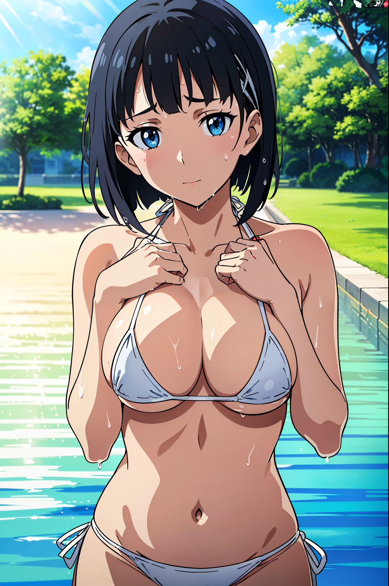 ((masutepiece, Best Quality, High resolution, extremely detailed 8K, Beautiful girl with a slender body, Ultra HD, Ultra-detailed, anime screen cap:1.3, anime colours:1.2)), suguha, (1girl in), (Black hair, bob cuts), emphasizing breasts, (Put your hands on your chest:1.5), facing at camera, (beautifull detailed face, Beautiful detailed eyes, Beautiful detailed body), (Oversized breasts sagging: 1.5), (White Micro Bikini, Thin material, Wet and sheer bikini):1.5, cleavage, bulging nipple:1.2, Upper body, Front camera work:1.5, Sweat, (Sunlight), a park, (thick outline, Beautiful outlines, black outlines)