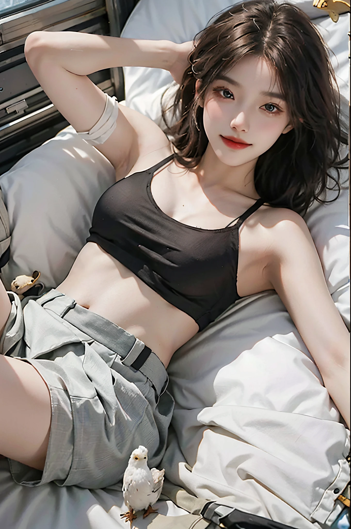 20-year-old sexy model, mix4, Black camisole, White pleated skirt, cropped shoulders, Chest leakage, A plump chest, slender leg, Lie down in bed, best qualtiy, 超高分辨率, lighting perfect, ssmile, ((Satellite view, Bird's eye view))