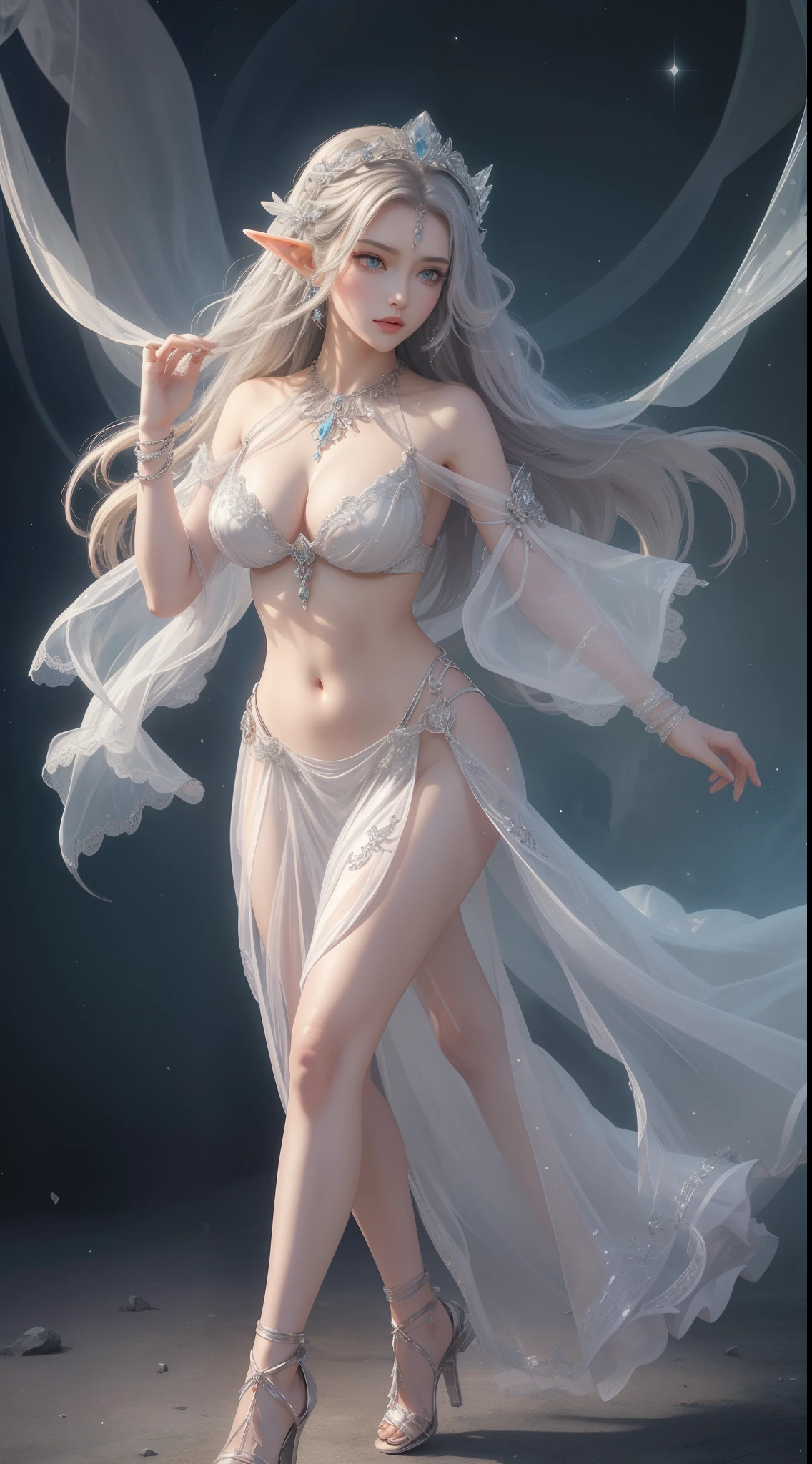 tmasterpiece,Highest image quality,Beautiful full body portrait of noble elf dancer,Delicate silver hairstyle,Clear orange eyes,head chain,veils,heeled sandals,Has a dazzling array of、Well made jewelry,Ultra-detailed details,advanced。At the Pixiv Art Station,Break your own power,Luigi,Big breasts exposing cleavage,R-18G