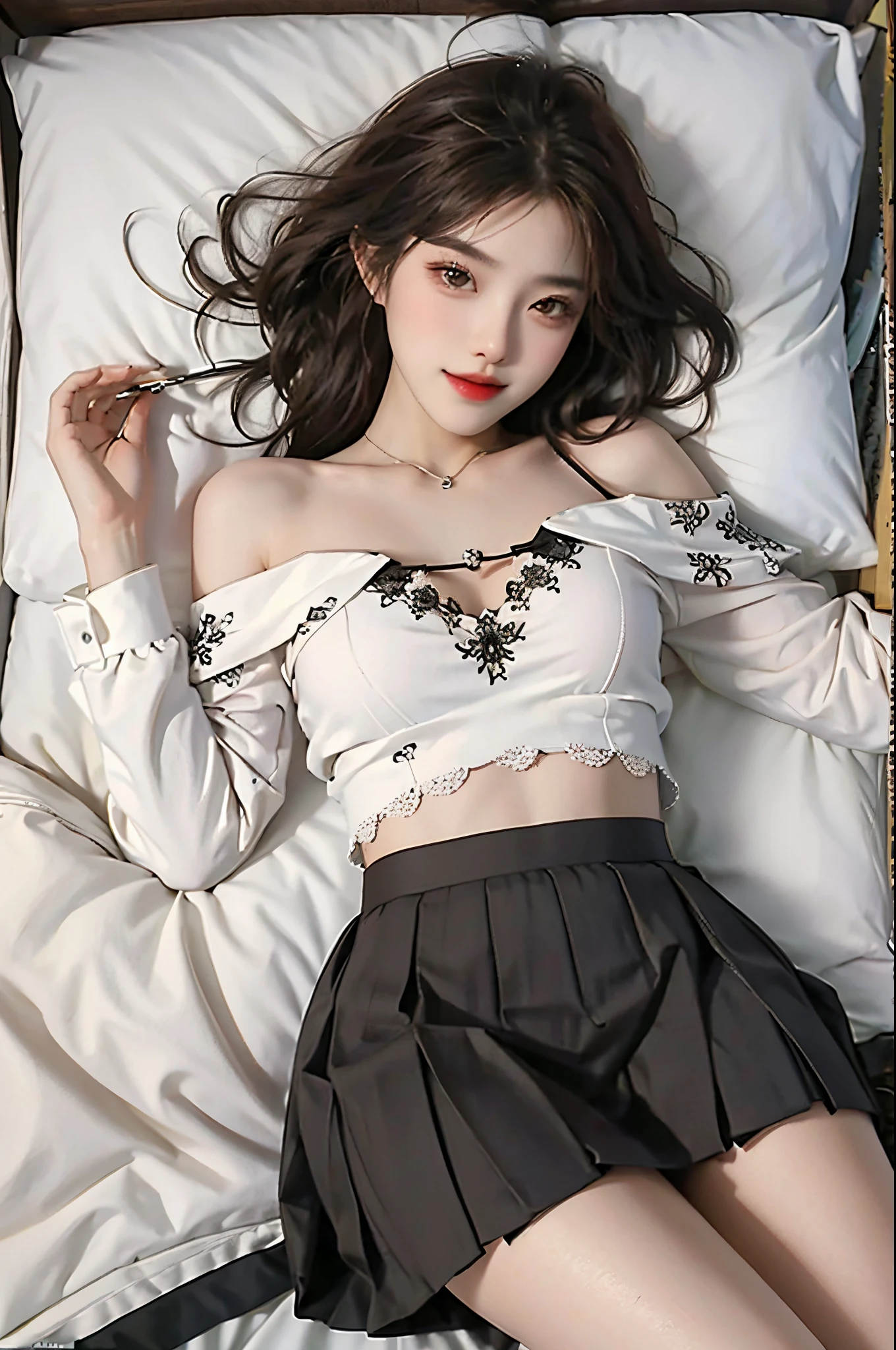 20-year-old sexy model, mix4, Black lace shirt, White pleated skirt, cropped shoulders, A plump chest, slender leg, Lie down in bed, Pose for photos in bed, best qualtiy, 超高分辨率, lighting perfect, ssmile, ((Satellite view, Bird's eye view))