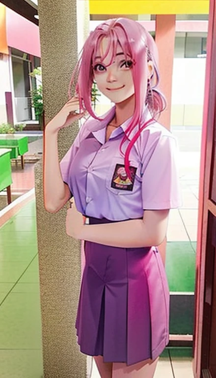 1girl in, sakura from anime naruto,pink hair,A smile、The shirt、skirt by the、(small tits)Chilarism、indonesia High School Student Uniform、serafuku、summer clothing、(Sheer Bra)、(Eight-headed body)、Upper body portrait、Dynamism!!Running with the wind、