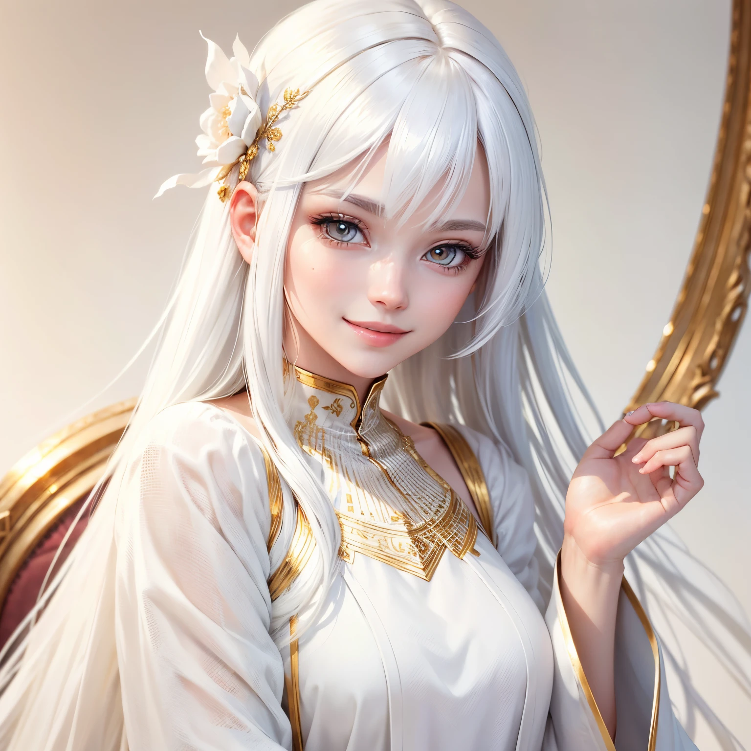 best quality, white hair, gold eyes, white clothes, looking up, upper body, hair strand, Fair skin, smiling, finger to the mouth