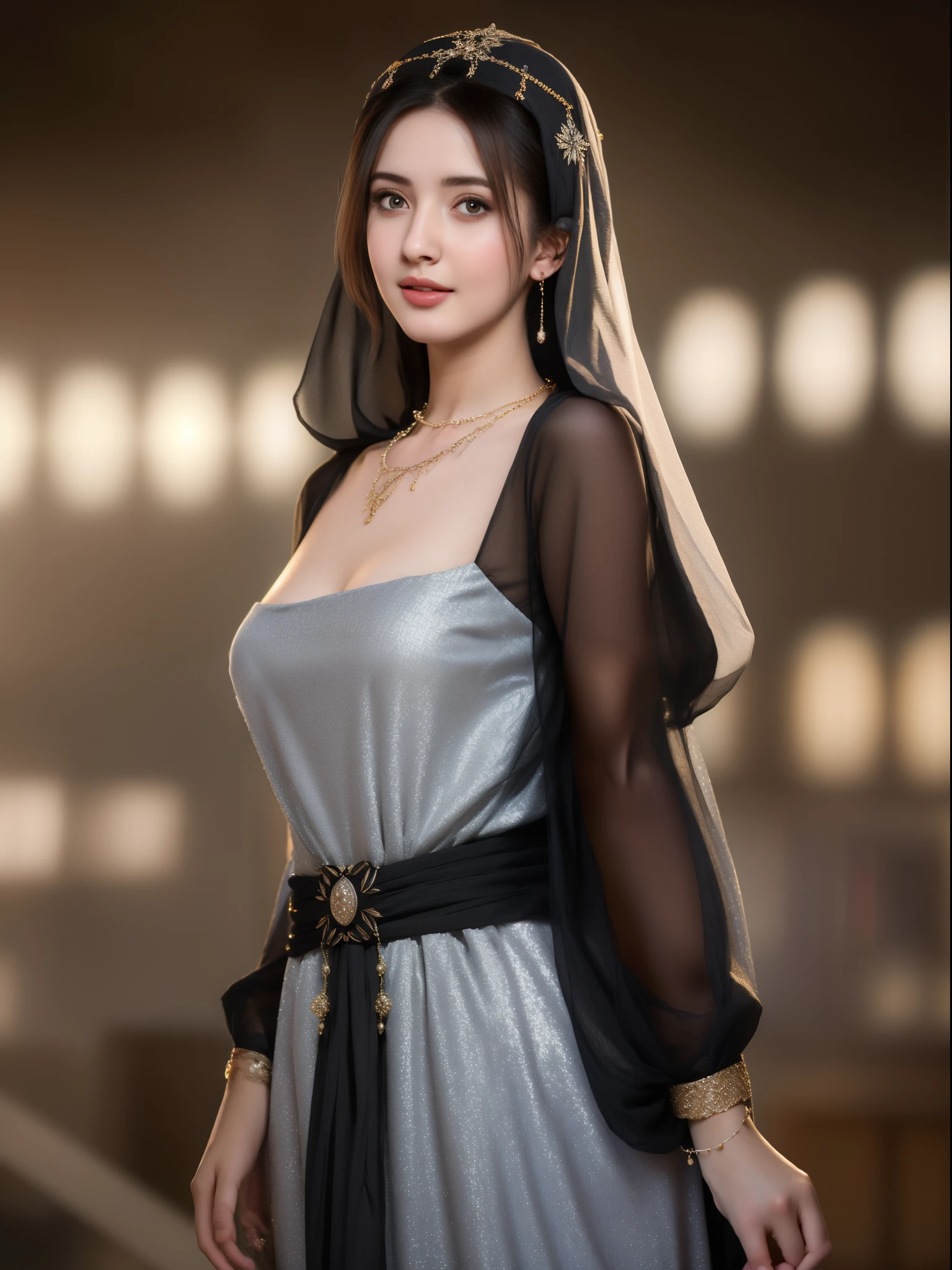 best quality, masterpiece, highres, moslem female dress, necklace, Beautiful face, (upon body from head to waist:1.37), tyndall effect, photorealistic, dark studio, rim lighting, two tone lighting, 8k uhd, dslr, soft lighting, high quality, volumetric lighting, candid, Photograph, high resolution, 4k, 8k, Bokeh, (hyperrealistic girl), (illustration), (high resolution), (extremely detailed), (best illustration), (beautiful detailed eyes), (best quality), (ultra-detailed), (masterpiece), (wallpaper), (photorealistic), (natural light), (rim lighting), (detailed face), (high detailed realistic skin texture), (anatomically correct), (solo), (1 woman), (heterochromic eyes), (detailed eyes), (sparkling eyes), (long legs), (big breasts), (dynamic pose), (concentrated expression), (wearing hijab:1.4), moslem headscarf, reading glasses.