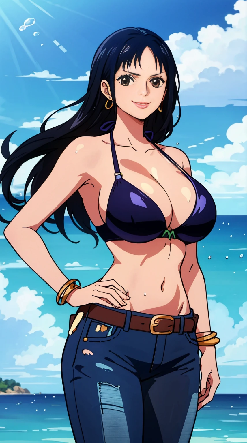 robin \(one piece\), 1girl, bangle, bangs, bare shoulders, belt, bikini, bikini top only, bracelet, breasts, brown eyes, bubble, cleavage, denim, earrings, floating hair, belt, black bikini, groin, jeans, jewelry, (large breasts:1.9), (big breast:1.3), long hair, looking at own body, navel, black hair, pants, sidelocks, sky, smile, solo, stomach, swimsuit, cool face, (hand on hips:1.4), (sweaty:1,2), shy, flusttered, (((masterpiece)))