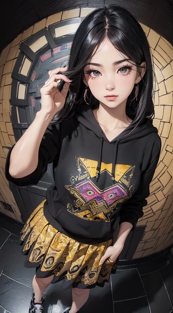 (((8k wallpaper of extremely detailed CG unit:1.2, ​masterpiece, hight resolution:1.2, top-quality:1.2, masutepiece))), ((a very beautiful woman, Hands in pockets:1.8, Grunge Fashion:1.2, Wearing a hoodie:1.2, Wearing a long skirt, Wearing shoes)), ((extra detailed face, Highly detailed black eyes, extra detailed body, Top quality real texture skins)), (A dark-haired, length hair, de pele branca), ((colorful geometric pattern wall, Colorful wall)), (high-angle, Fisheye:1.3), hyper realisitic, digitial painting,