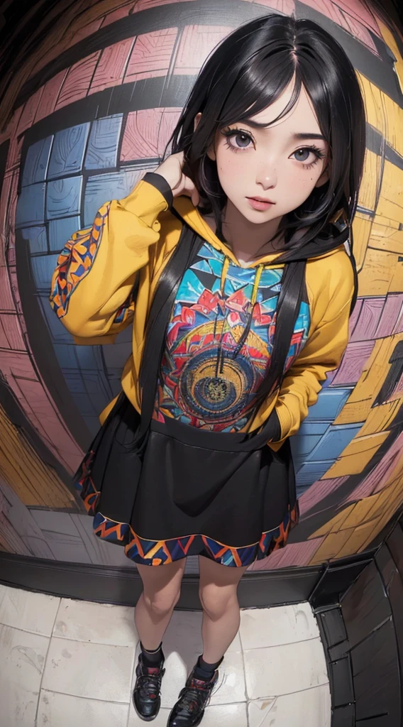 (((8k wallpaper of extremely detailed CG unit:1.2, ​masterpiece, hight resolution:1.2, top-quality:1.2, masutepiece))), ((a very beautiful woman, Hands in pockets:1.8, Grunge Fashion:1.2, Wearing a hoodie:1.2, Wearing a long skirt, Wearing shoes)), ((extra detailed face, Highly detailed black eyes, extra detailed body, Top quality real texture skins)), (A dark-haired, length hair, de pele branca), ((colorful geometric pattern wall, Colorful wall)), (high-angle, Fisheye:1.3), hyper realisitic, digitial painting,