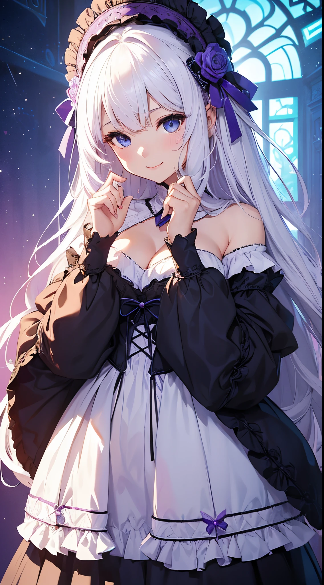 (masterpiece、top-quality、top-quality、Official art、Beautifully Aesthetic:1.2)、(1womanl)、(There is a little space at the top)、ighly detailed、(Fractal Art:1.4)、highestdetailed、long wavy white hair、White hair、Blue eyes、rounded drooping eyes、Hands hidden behind the back、very small chest 、Flat,Flat, Flat and small breasts、There'don't talk about cleavage.、Mature beautiful woman、The background is a bright purple wallpaper with a pattern based on blue........、I designed a glowing heart.......、ta fashion based on black, with white、Ruffled headdress、Cute smile、Outstanding smile