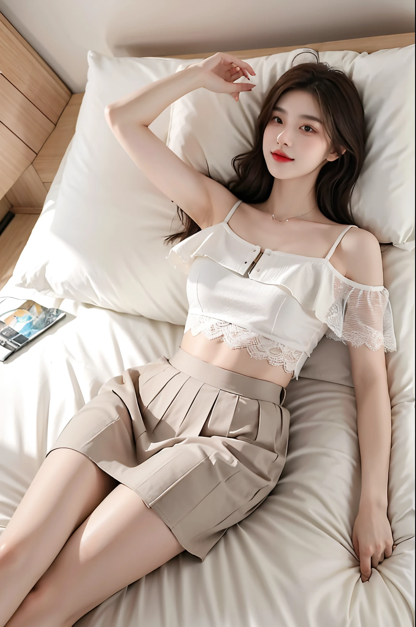 20-year-old sexy model, mix4, Black lace shirt, White pleated skirt, cropped shoulders, A plump chest, slender leg, Lie down in bed, Pose for photos in bed, best qualtiy, 超高分辨率, lighting perfect, ssmile, ((Satellite view, Bird's eye view))