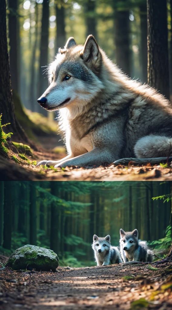 huge filesize, Phantom Beast、Fantastical、ultra-detailliert, hight resolution, profetional lighting, Dynamic lighting, depth of fields,ultra-detailliert、ultra res、high-definition RAW color photography、Professional Photography、in 8K、Raw photography, Top image quality,Silver Wolf、beautiful coat、In a beautiful forest、wolf family、three baby wolves
