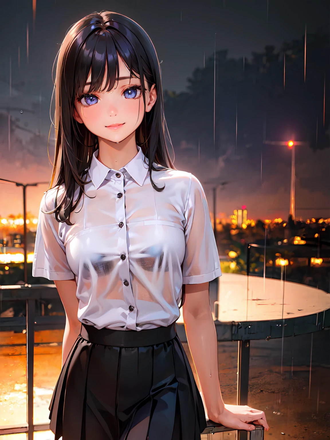 (RAW Photos, Best Quality), (Realistic, Photorealistic: 1.2), (Round face: 1), 1 girl, Take outdoor selfies, (High Detail Skin: 1.2), (Puffy eyes), Smile, 鎖骨, Pretty face, Beautiful eyes, long eyelashes, Straight brown black hair, Pure black pleated skirt, Soft lighting, High quality, Cityscape, sky line, Night, Rain, Wet, Professional Lighting, Photon mapping, Radio City, Physically Based Rendering,