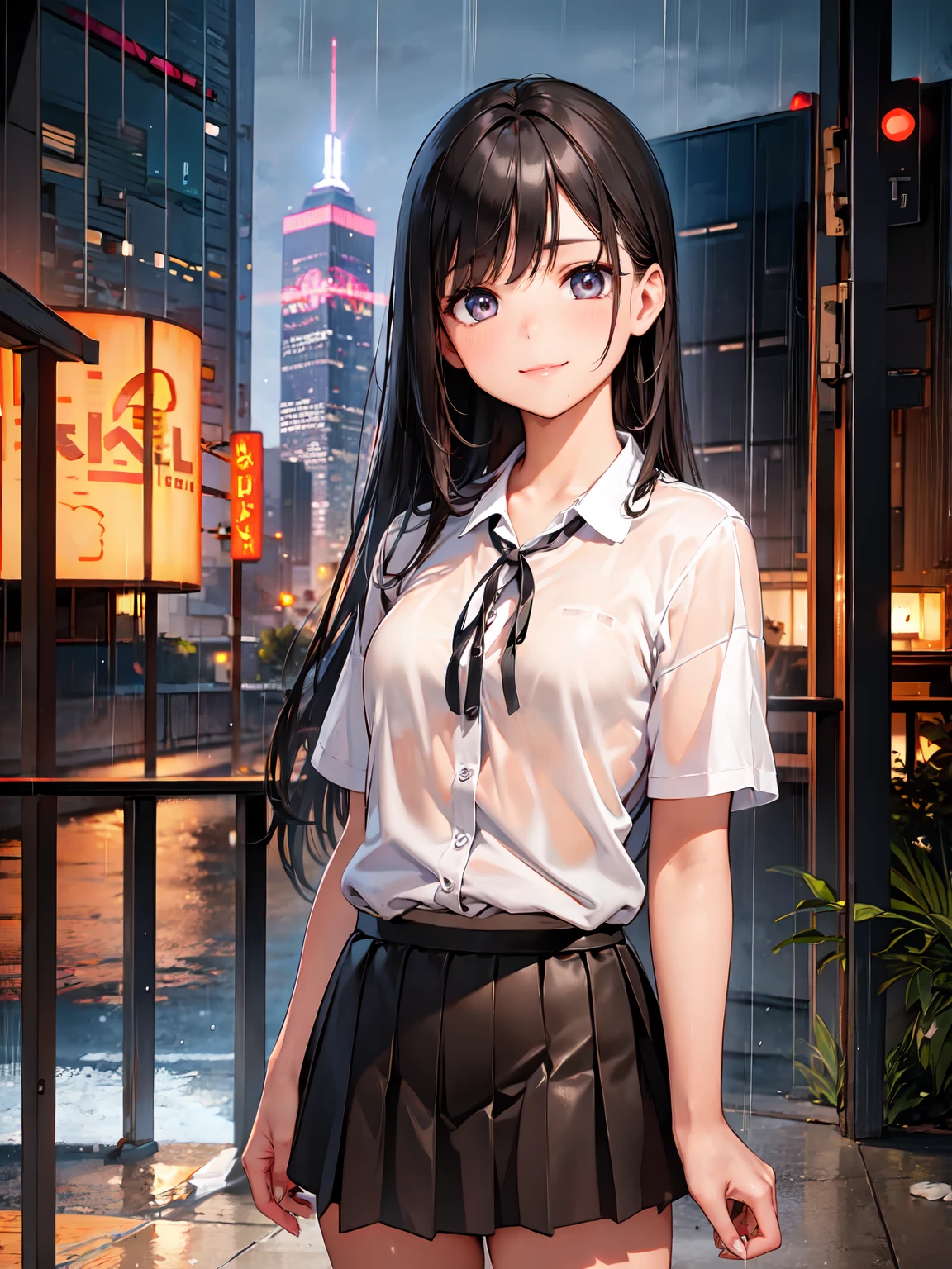 (RAW Photos, Best Quality), (Realistic, Photorealistic: 1.2), (Round face: 1), 1 girl, Take outdoor selfies, (High Detail Skin: 1.2), (Puffy eyes), Smile, 鎖骨, Pretty face, Beautiful eyes, long eyelashes, Straight brown black hair, Pure black pleated skirt, Soft lighting, High quality, Cityscape, sky line, Night, Rain, Wet, Professional Lighting, Photon mapping, Radio City, Physically Based Rendering,