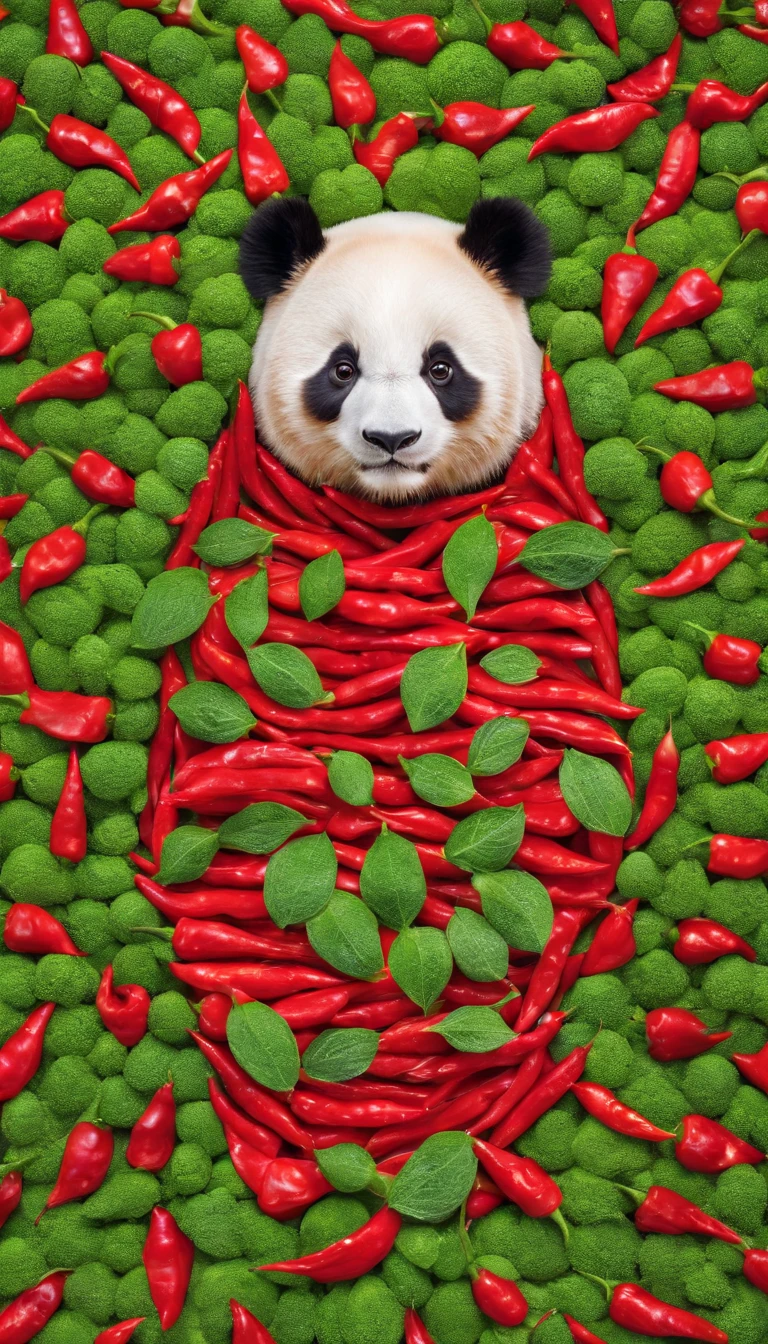 chili pepper、red pepper、Green peppercorns、spices、Arranged in the shape of a giant panda、panda structure、Shot from a bird&#39;s eye view