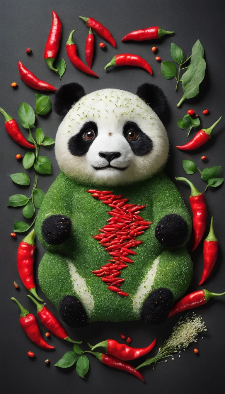 chili pepper、red pepper、Green peppercorns、spices、Arranged in the shape of a giant panda、panda structure、Shot from a bird's eye view
