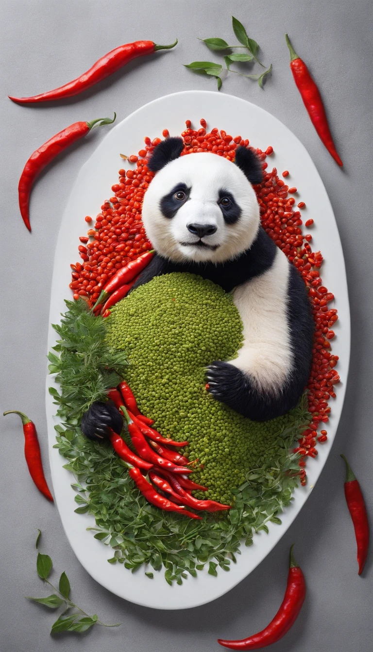 chili pepper、red pepper、Green peppercorns、spices、Arranged in the shape of a giant panda、panda structure、Shot from a bird's eye view