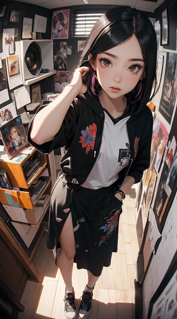(((8k wallpaper of extremely detailed CG unit:1.2, masterpiece, hight resolution:1.2, top-quality:1.2, masutepiece))), ((a very beautiful woman, Hands in pockets:1.8, Grunge Fashion:1.2, Wearing a hoodie:1.2, Wearing a long skirt, Wearing shoes)), ((extra detailed face, Highly detailed black eyes, extra detailed body, Top quality real texture skins)), (A dark-haired, length hair, de pele branca), ((colorful geometric pattern wall, Colorful wall)), (high-angle, Fisheye:1.3), hyper realisitic, digitial painting,