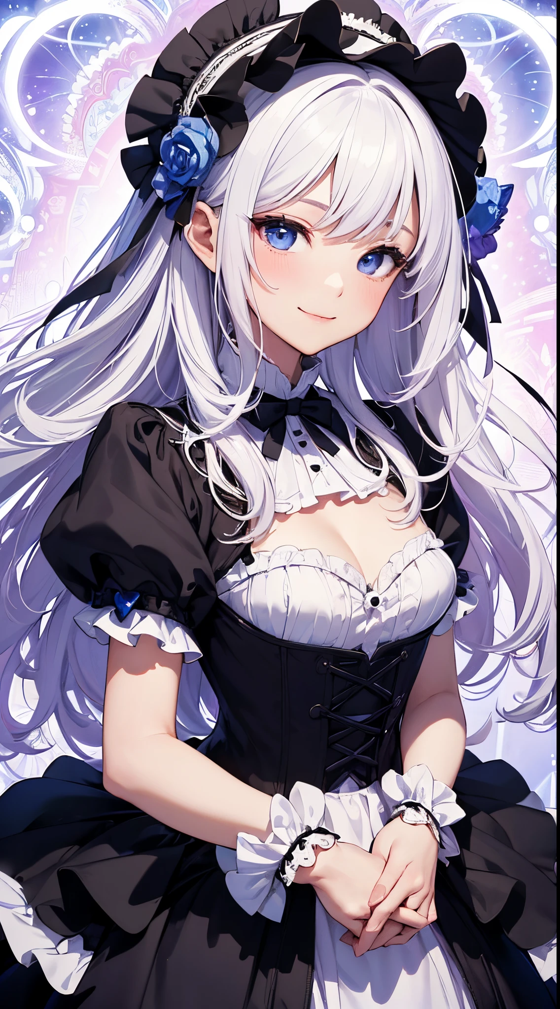 (masterpiece、top-quality、top-quality、Official art、Beautifully Aesthetic:1.2)、(1womanl)、(There is a little space at the top)、ighly detailed、(Fractal Art:1.4)、highestdetailed、long wavy white hair、White hair、Blue eyes、rounded drooping eyes、very small chest 、Flat,Flat, Flat and small breasts、There's no talk of cleavage.、Mature beautiful woman、The background is a bright purple wallpaper with a pattern based on blue.......、I designed a glowing heart.......、Lolita fashion based on black, with white、Ruffled headdress、Cute smile、Outstanding smile