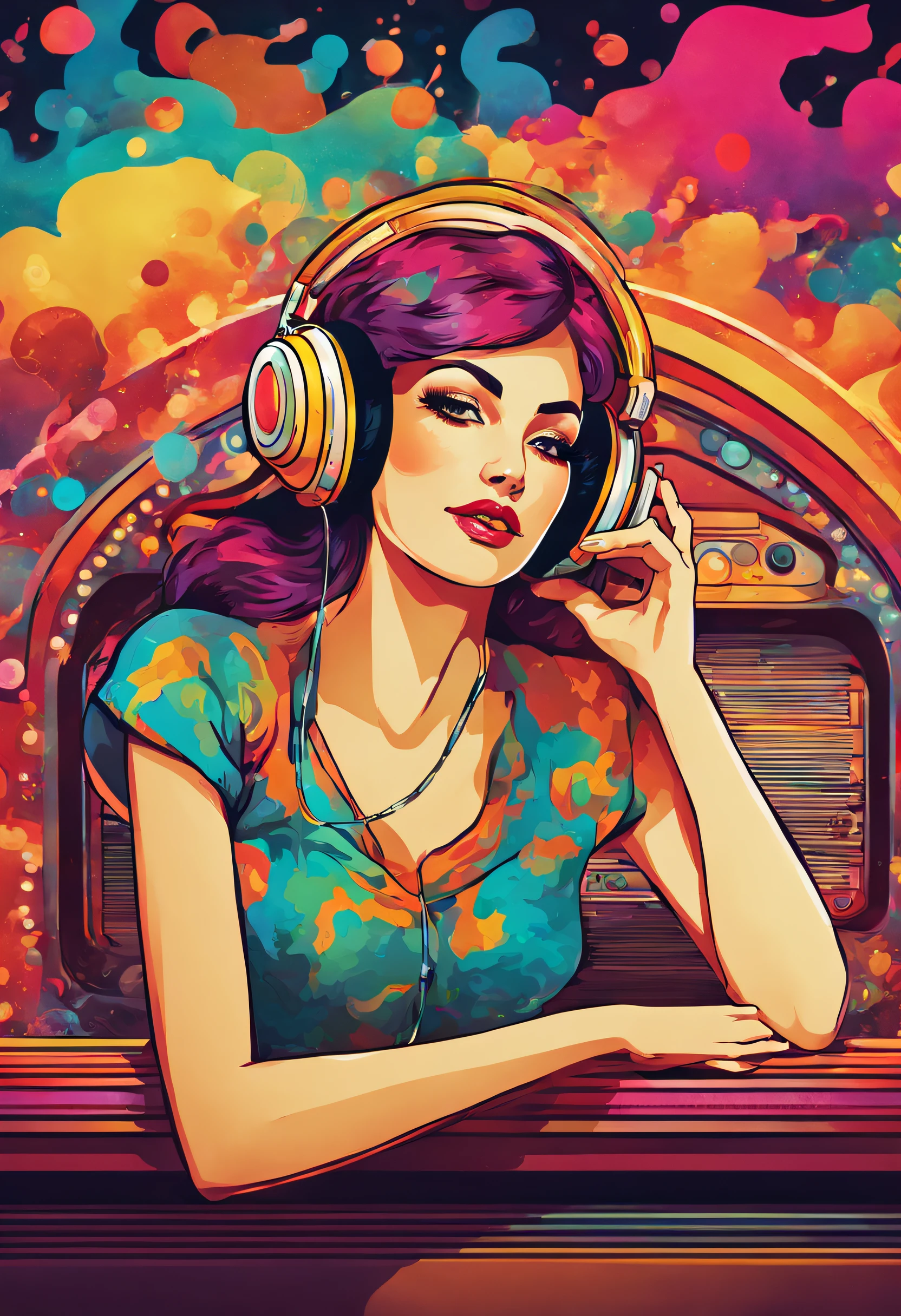 A gorgeous psychedelic women listen a old and stylised jukebox , with beautiful colors and in the background explosions of water of full colors mixed