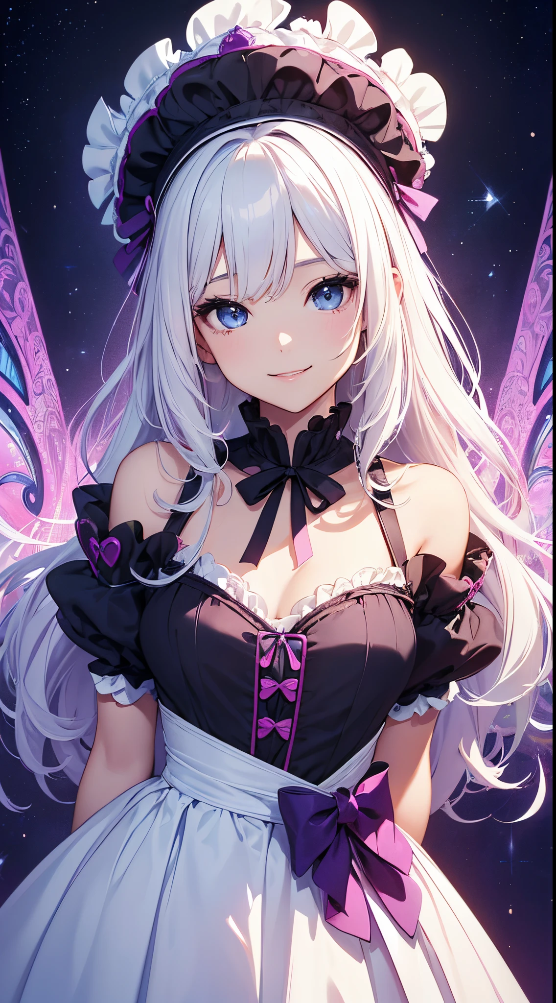 Silver hair, pink eyes, body, cat ears, woman, earrings, butterfly background, red pink clothes, butterfly hair bows, happy face