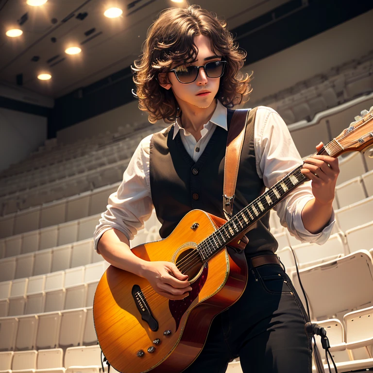 Obra maestra, de la mejor calidad, una jovencita de cabello rubio, con gafas, dressed in black pants and white blouse, standing in a music auditorium. is playing guitar. Hay gente aplaudiendo efusivamente