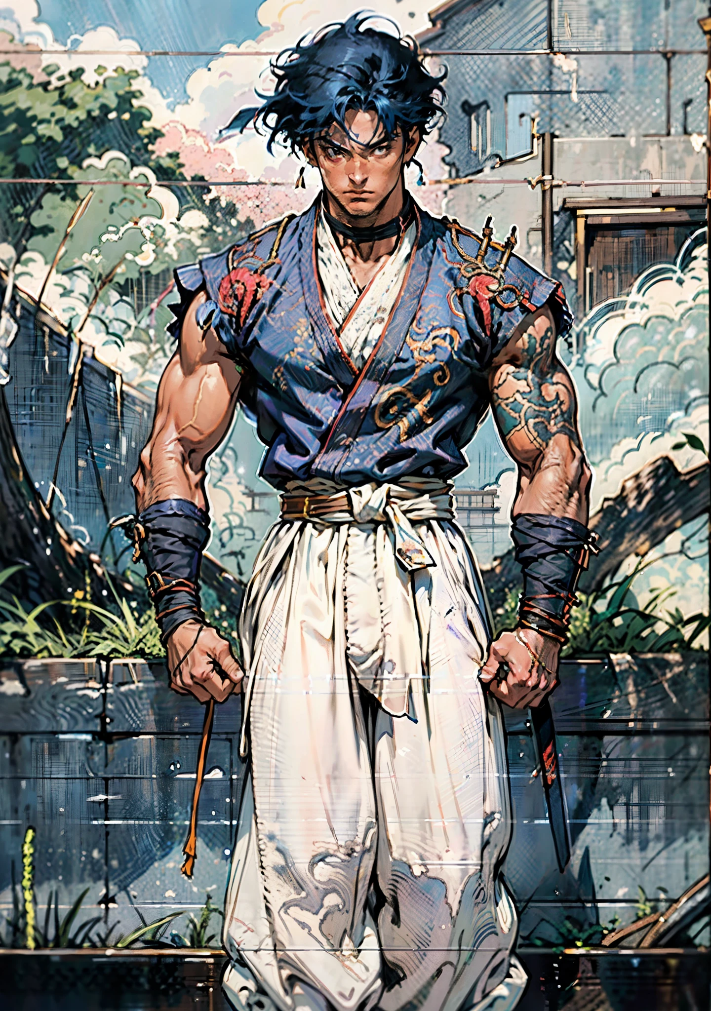 A young man, indigo blue hair, raised and fluffy short hairstyle, sharp gaze, a serious expression, a fantasy martial arts style sky-blue fabric kung fu outfit, tattered sleeves, hands wrapped with cords, a linen belt tied around the waist, coarse fabric trousers, on the cliff in the darkness of the night, this character embodies a finely crafted fantasy martial arts-style fighter in anime style, exquisite and mature manga art style, full body character drawing, high definition, best quality, highres, ultra-detailed, ultra-fine painting, extremely delicate, professional, anatomically correct, symmetrical face, extremely detailed eyes and face, high quality eyes, creativity, RAW photo, UHD, 8k, Natural light, cinematic lighting, masterpiece-anatomy-perfect, masterpiece:1.5