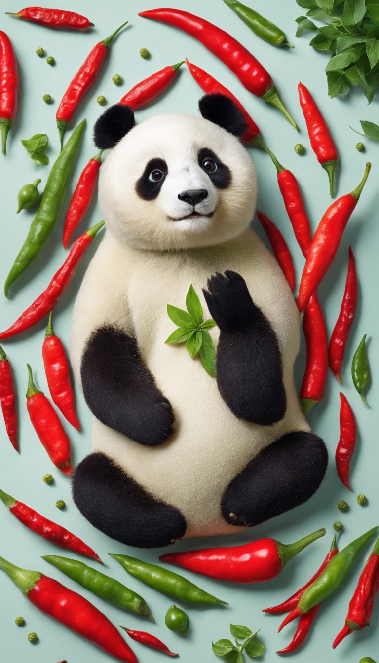 chili pepper、red pepper、Green peppercorns、spices、Arranged in the shape of a giant panda、panda structure、No physical panda、Shot from a bird's eye view