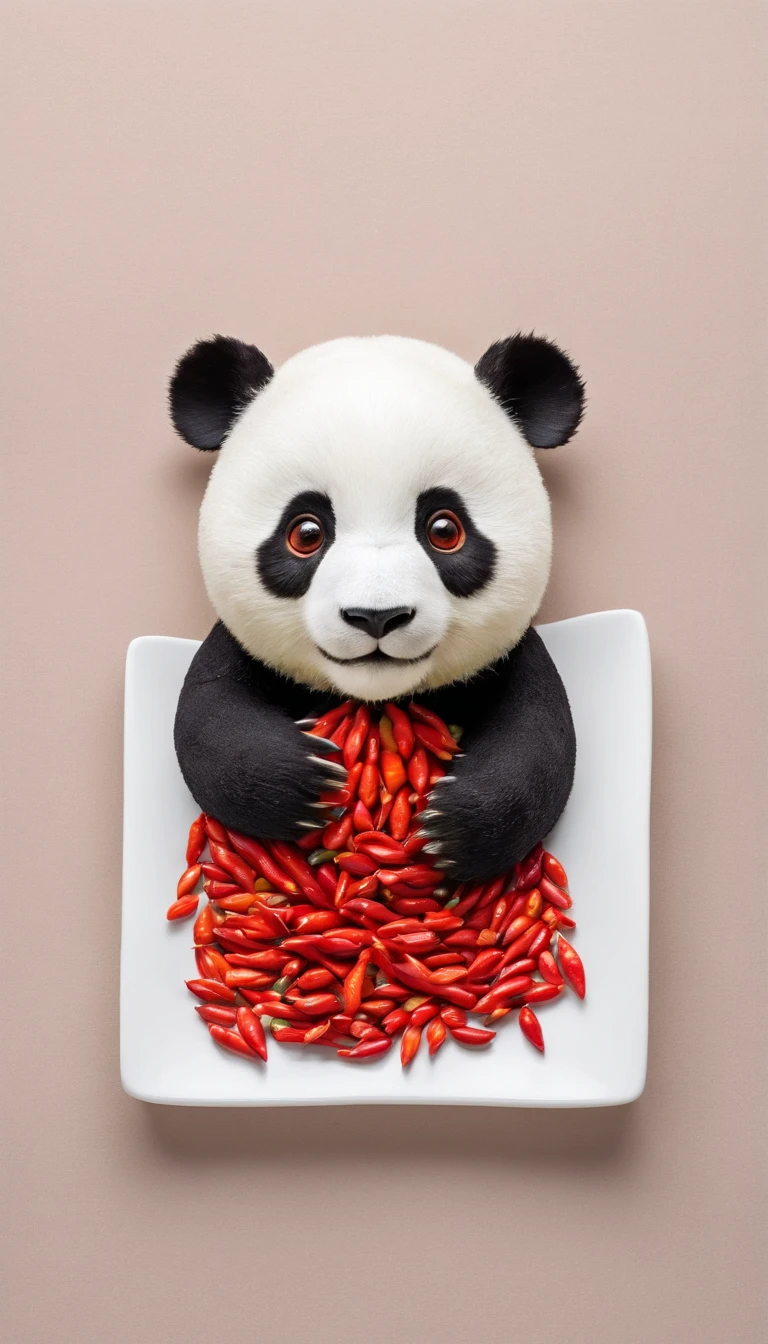 chili pepper、red pepper、Green peppercorns、spices、Arranged in the shape of a giant panda、panda structure、No physical panda、Shot from a bird&#39;s eye view