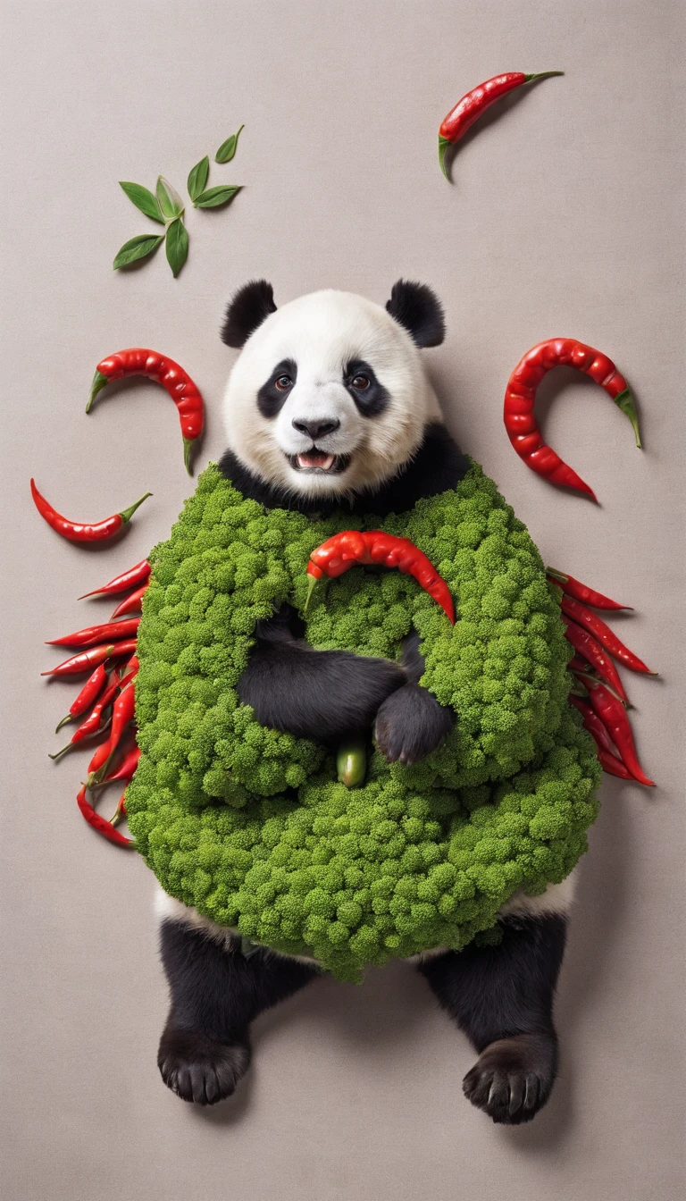 chili pepper、red pepper、Green peppercorns、spices、Arranged in the shape of a giant panda、panda structure、No physical panda、Shot from a bird's eye view