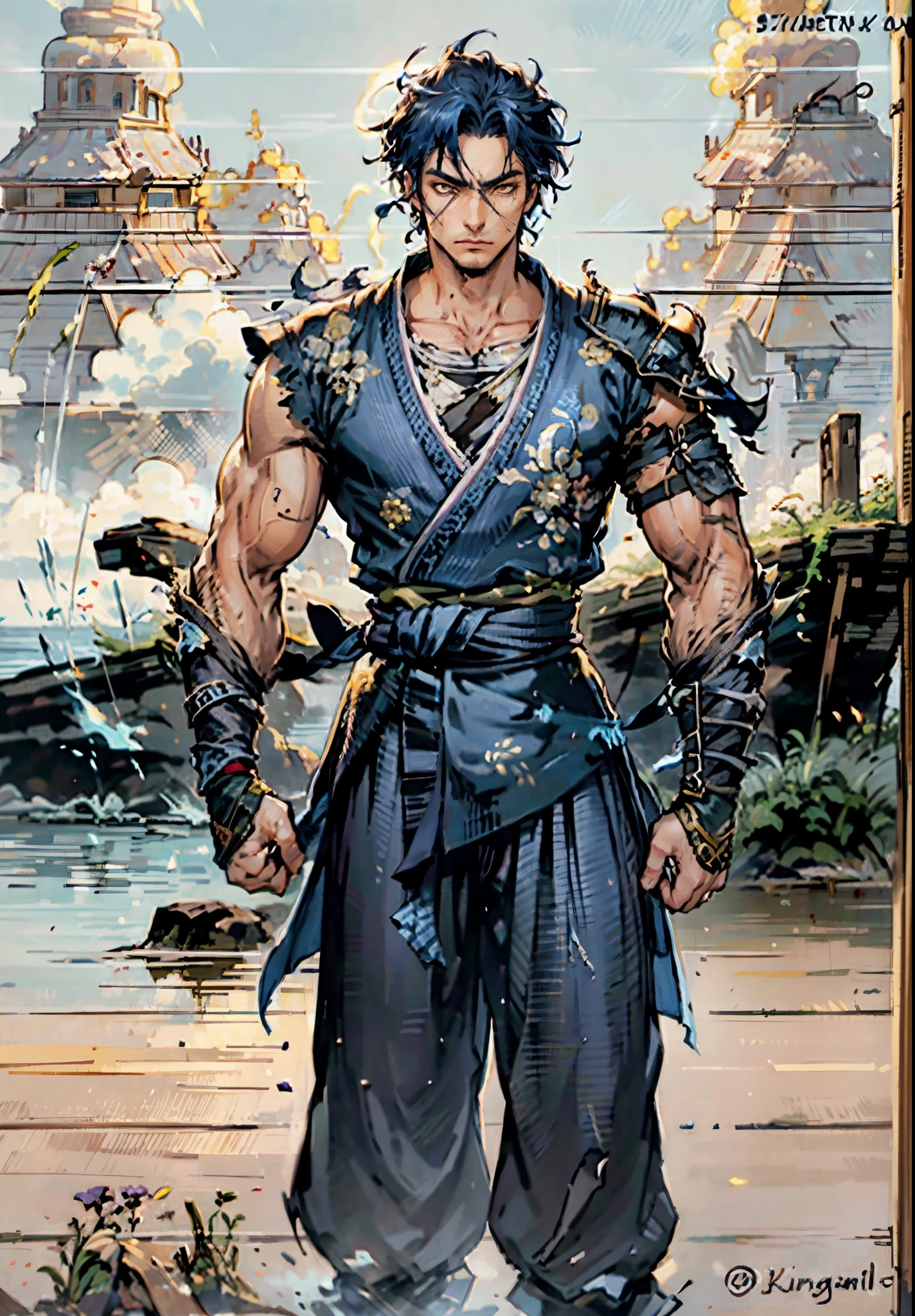 A young man, indigo blue hair, raised and fluffy short hairstyle, sharp gaze, a serious expression, a fantasy martial arts style sky-blue fabric kung fu outfit, tattered sleeves, hands wrapped with cords, a linen belt tied around the waist, coarse fabric trousers, on the cliff in the darkness of the night, this character embodies a finely crafted fantasy martial arts-style fighter in anime style, exquisite and mature manga art style, high definition, best quality, highres, ultra-detailed, ultra-fine painting, extremely delicate, professional, anatomically correct, symmetrical face, extremely detailed eyes and face, high quality eyes, creativity, RAW photo, UHD, 8k, Natural light, cinematic lighting, masterpiece-anatomy-perfect, masterpiece:1.5