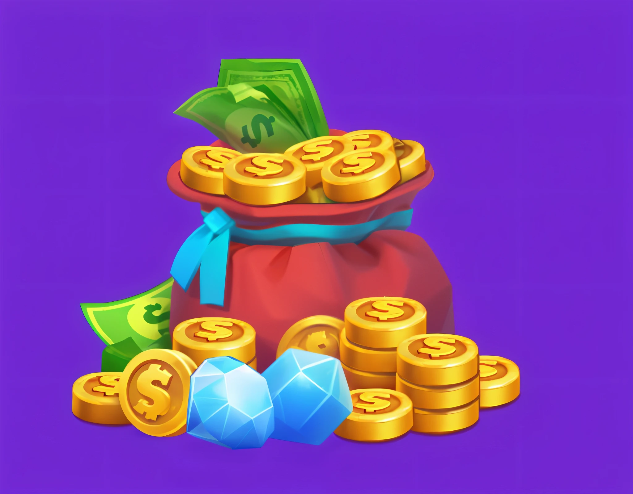 Cartoon illustration of a bag of money and a pile of coins, bags of money, game assets, 3D icons for mobile games, With lots of gold coins, abundance, rich marble, mobile game background, fortune, Stylized gaming icons, gemstones and gold, Game icon resources, Mobile game assets, gold coins, asset store, Game illustration, high detal