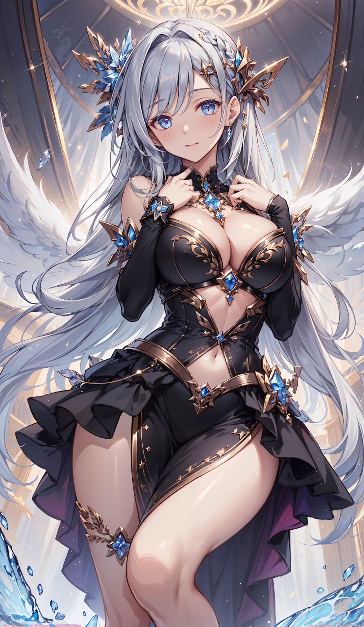 1 girl, (((ultra - detailed, tmasterpiece, illustratio))),Raised sexy,tempting pose,Starlight Virgin,Black gorgeous dress, Curvy woman,Head decoration,sliver long hair,White skin of the, chest circumference,