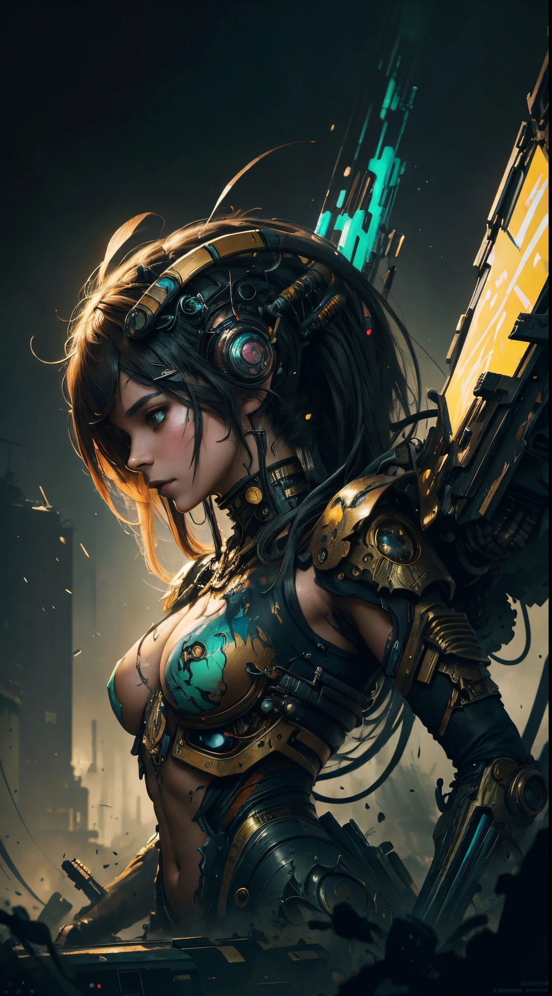 Splash art, mix mech bee hatter monster zombie cyborg bodymech design cyberpunk style, portrait poster, (blackbackground)), splash style of coloful paint, contour,hyperdetailed intricately detailed, unreal engine,fantastical, intricate detail, splash screen, complementary colors, fantasy concept art, 8k resolution, deviantartmasterpiece, oil painting, heavy strokes, paint dripping,splash arts, shoulder length messy hair, happy, Full body, Beautiful anime waifu style girl, hyperdetailed painting, luminism, art by Carne Griffiths and Wadim Kashin concept art, ethereal background, abstract beauty,stand, approaching perfection, pure form, golden ratio, minimalistic, unfinished, concept art, by Brian Froud and Carne Griffiths and Wadim Kashin and John William Waterhouse, intricate details, 8k post production, high resolution, hyperdetailed, trending on artstation, sharp focus, studio photo, intricate details, highly detailed, by greg rutkowski