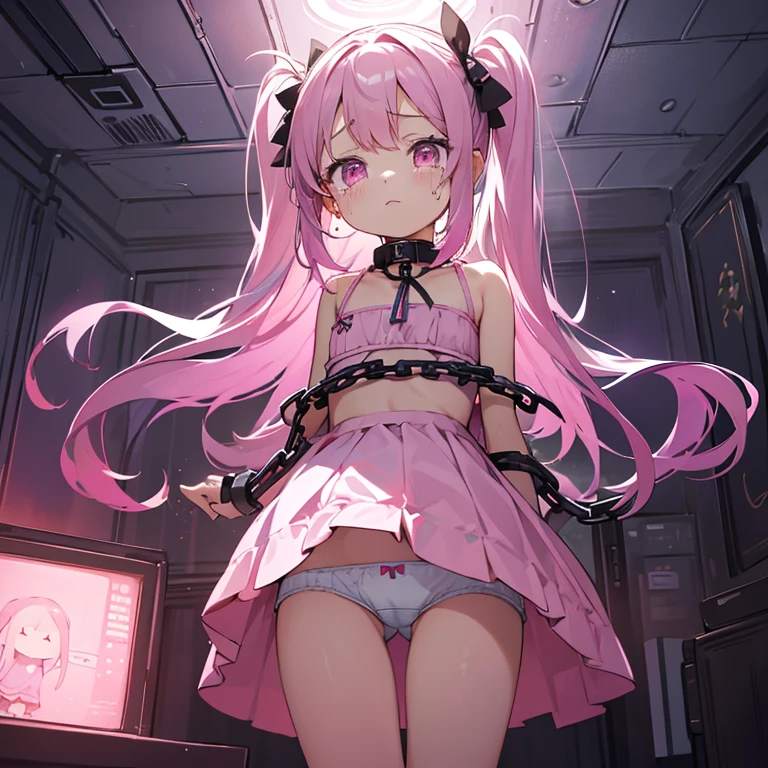 Beautiful illustration, Best Quality, (cute petit girl：1.3)、 (underground room), flat chest、Beautiful pink eyes。restrained 。Pink twin tails、is crying、I feel like the atmosphere is nice...、Mini skirt、Panchira、Underwear is white。Hands behind your back、Cuffed、Underwear is visible。Tied to a chain、Open crotch