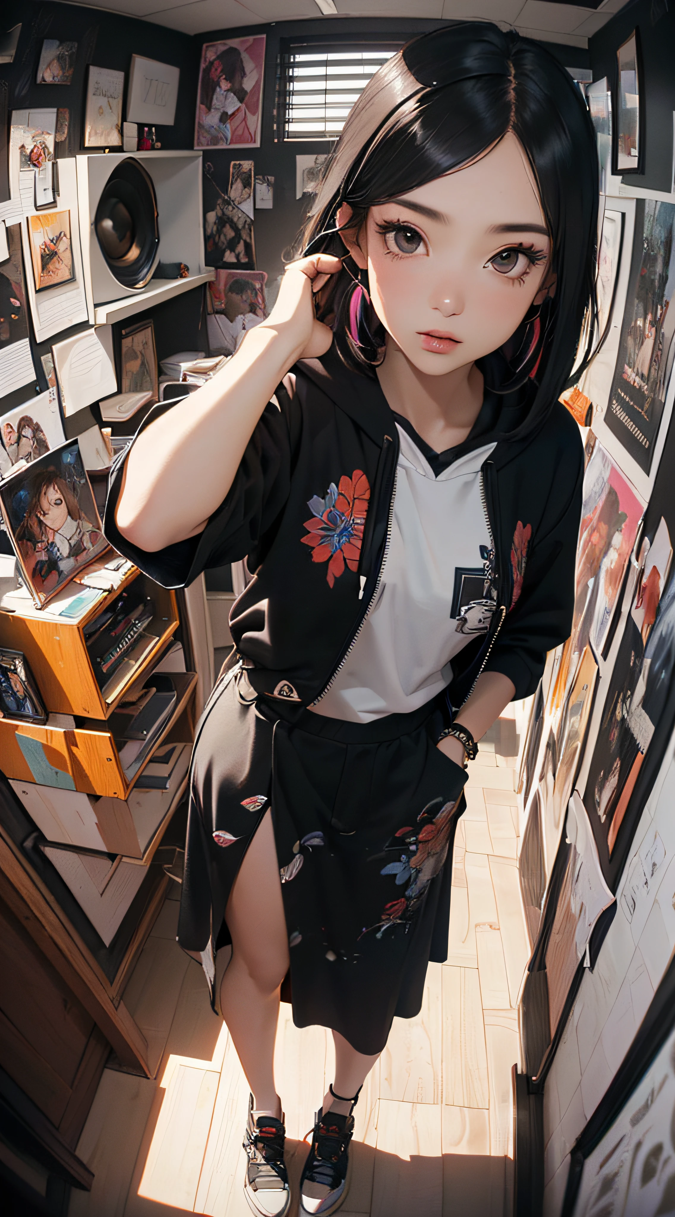 (((8k wallpaper of extremely detailed CG unit:1.2, ​masterpiece, hight resolution:1.2, top-quality:1.2, masutepiece))), ((a very beautiful woman, Hands in pockets:1.8, Grunge Fashion:1.2, Wearing a hoodie:1.2, Wearing a long skirt, Wearing shoes)), ((extra detailed face, Highly detailed black eyes, extra detailed body, Top quality real texture skins)), (A dark-haired, length hair, de pele branca), ((colorful geometric pattern wall, Colorful wall)), (high-angle, Fisheye:1.3), hyper realisitic, digitial painting,