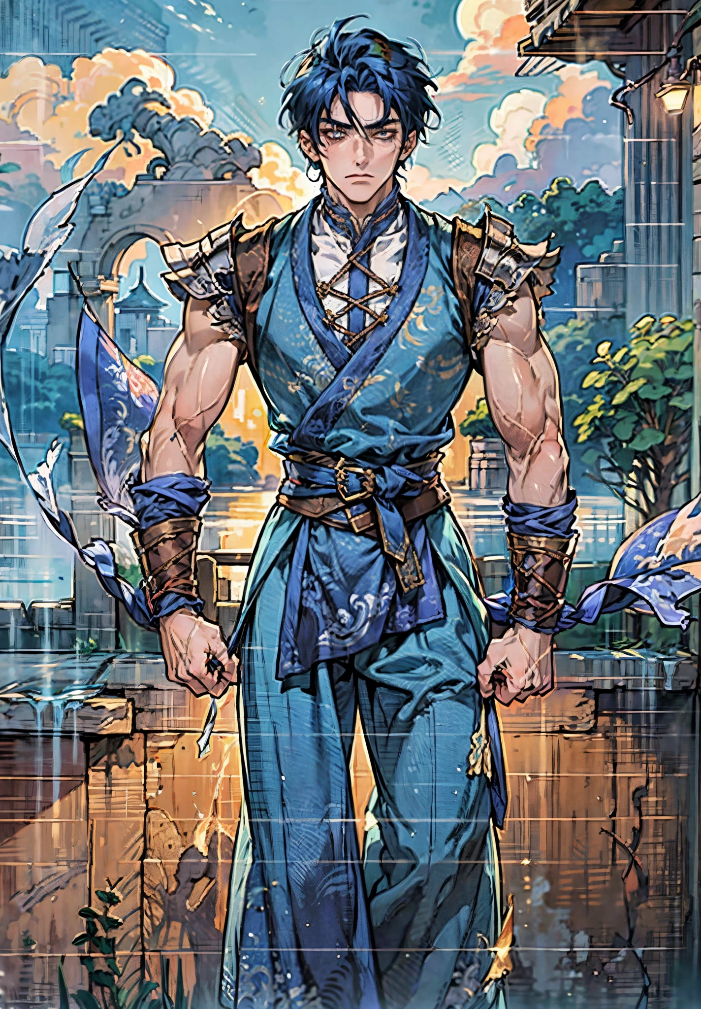 A young man, indigo blue hair, raised and fluffy short hairstyle, sharp gaze, a serious expression, a fantasy martial arts style sky-blue fabric kung fu outfit, tattered sleeves, hands wrapped with cords, a linen belt tied around the waist, coarse fabric trousers, on the cliff in the darkness of the night, this character embodies a finely crafted fantasy martial arts-style fighter in anime style, exquisite and mature manga art style, high definition, best quality, highres, ultra-detailed, ultra-fine painting, extremely delicate, professional, anatomically correct, symmetrical face, extremely detailed eyes and face, high quality eyes, creativity, RAW photo, UHD, 8k, Natural light, cinematic lighting, masterpiece-anatomy-perfect, masterpiece:1.5