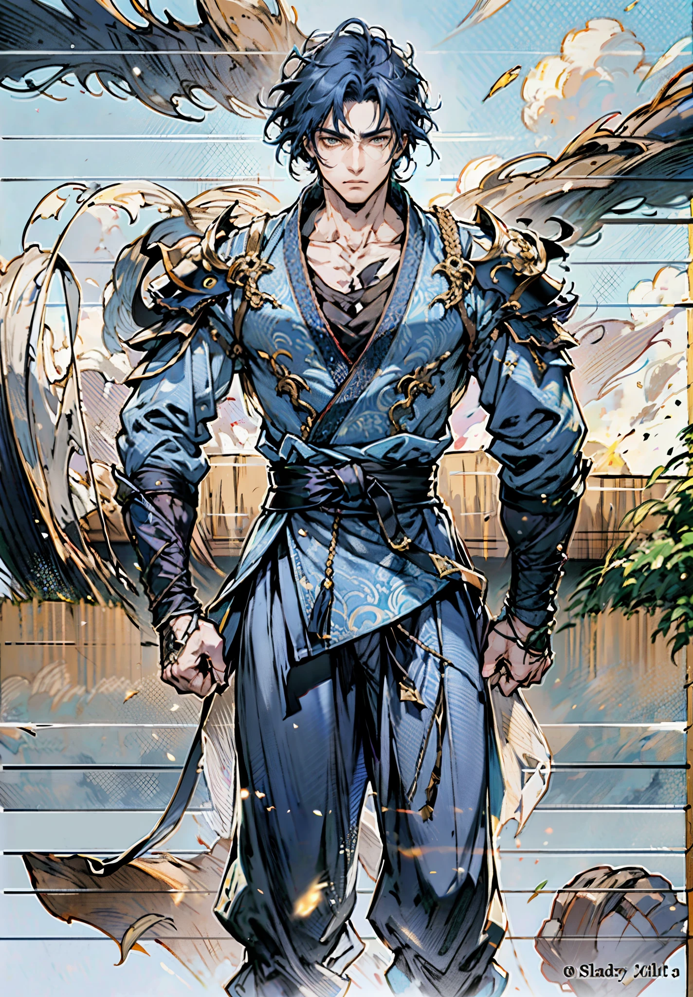 A young man, indigo blue hair, raised and fluffy short hairstyle, sharp gaze, a serious expression, a fantasy martial arts style sky-blue fabric kung fu outfit, tattered sleeves, hands wrapped with cords, a linen belt tied around the waist, coarse fabric trousers, on the cliff in the darkness of the night, this character embodies a finely crafted fantasy martial arts-style fighter in anime style, exquisite and mature manga art style, high definition, best quality, highres, ultra-detailed, ultra-fine painting, extremely delicate, professional, anatomically correct, symmetrical face, extremely detailed eyes and face, high quality eyes, creativity, RAW photo, UHD, 8k, Natural light, cinematic lighting, masterpiece-anatomy-perfect, masterpiece:1.5