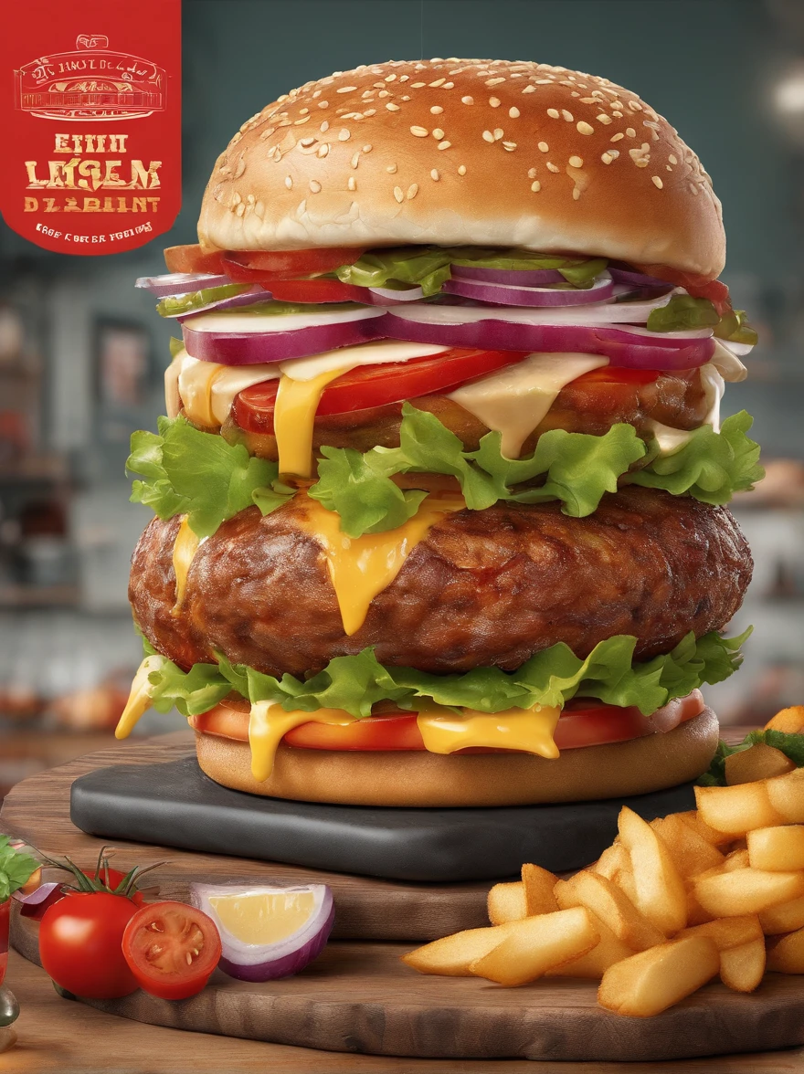 (the theme is "a hamburger advertisement named 'Moo Moo Castle' measuring 2700mm in length and 755mm in width)

(best quality,4k,8k,highres,masterpiece:1.2),ultra-detailed,realistic,photorealistic:1.37,high dynamic range (HDR),vivid colors,studio lighting,ultra-fine painting

Moo Moo Castle, the ultimate burger destination, stands tall and proud, enticing all who pass by. This mouthwatering artwork showcases the perfect harmony between aesthetics and flavor, leaving a lasting impression on its viewers.

The centerpiece of the advertisement features a delectable hamburger, meticulously crafted to perfection. The juicy, perfectly grilled patty is layered with creamy melted cheese, crispy lettuce, ripe tomatoes, and tangy pickles. Each ingredient is intricately detailed, making it almost lifelike. The bun, with its golden crust and soft, fluffy texture, completes the masterpiece.

Surrounded by the delicious burger, vibrant fries steal the spotlight. They are expertly cut, with each fry boasting a golden, crispy exterior and a steamy, tender interior. The fries are perfectly seasoned, sprinkled with a touch of salt and a hint of paprika, adding an irresistible aroma to the scene.

The burger sits atop a beautifully designed plate, carefully placed on a sleek, modern countertop. The plate is adorned with delicate patterns, adding an elegant touch to the overall composition. The countertop's smooth surface reflects the light, creating a visually stunning effect.

Capturing the attention of all, Moo Moo Castle's signage features bold, captivating typography. Each letter exudes confidence and creativity, enticing customers to indulge in the burger experience of a lifetime. The colors of the signage are vibrant and eye-catching, drawing people in with their allure.

The background is filled with a warm, inviting ambiance. Soft, diffused lighting perfectly illuminates the scene, casting a gentle glow on the burger and its surroundings. The lighting delicately highlights the details, showcasing the utmost craftsmanship in every element of the artwork.

The color palette of the advertisement is carefully curated to enhance the burger's appeal. Rich, appetizing hues of burgundy and golden brown dominate the scene, while pops of fresh green from the lettuce and tomatoes add a touch of freshness and vibrancy.

Moo Moo Castle's hamburger advertisement, with its exceptional attention to detail and artistic style, is a true masterpiece that can't be missed. It promises a culinary experience like no other, inviting burger enthusiasts to taste the perfection that lies within. Get ready to embark on a flavor-filled journey that will leave you craving more.