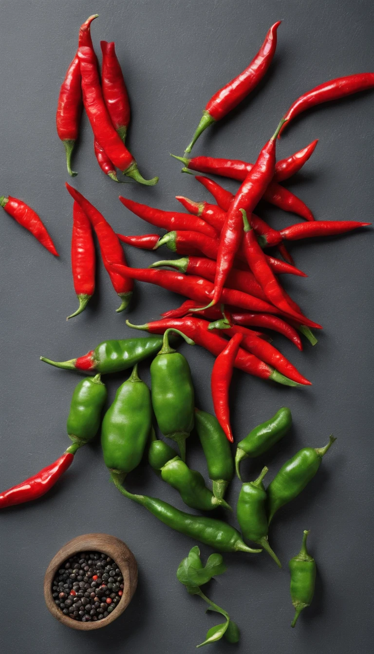 Chili pepper chopped、pepper、Green peppercorns、Arranged in the shape of a giant panda、Shot from a bird's eye view