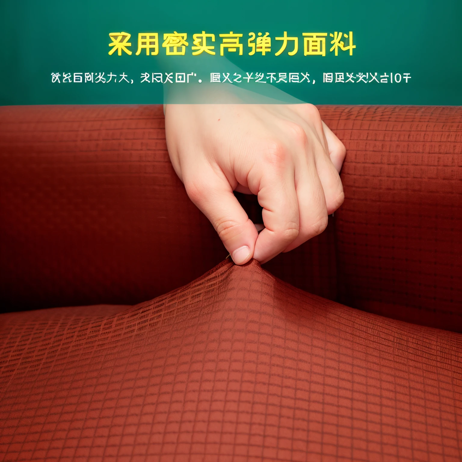This is the detail of the chair cover(Someone touches the fabric on the sofa with their fingers, high detal, High quality details), high detal, product photograph, Wang Chen, Detailed picture, detailed descriptions, List image, High quality detailing, silicone cover, Product-View, high detal, solid color material, Detailed picture, High quality detailing, code, hyper-detailing)Generate chair cover pictures to highlight selling points
